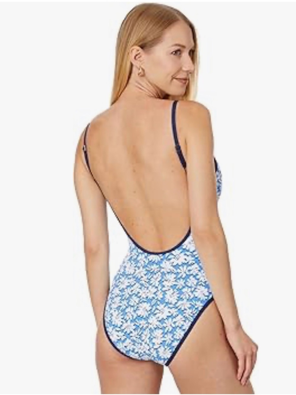 Lilly Pulitzer Blue Floral Scoop One-Piece Swimsuit with Navy Trim - Picture 2 of 5